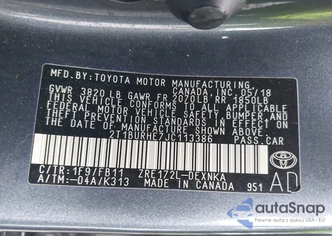 2018 Toyota Corolla Le z USA, uszkodzony, nr VIN 2T1BURHE7JC113386